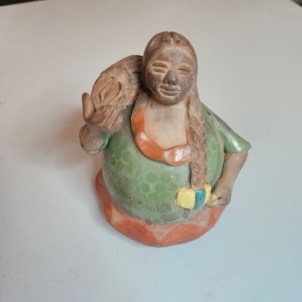 M Flores Peru Pottery Figurine Hand Painted Clay Folk Art Woman Wood Carrier